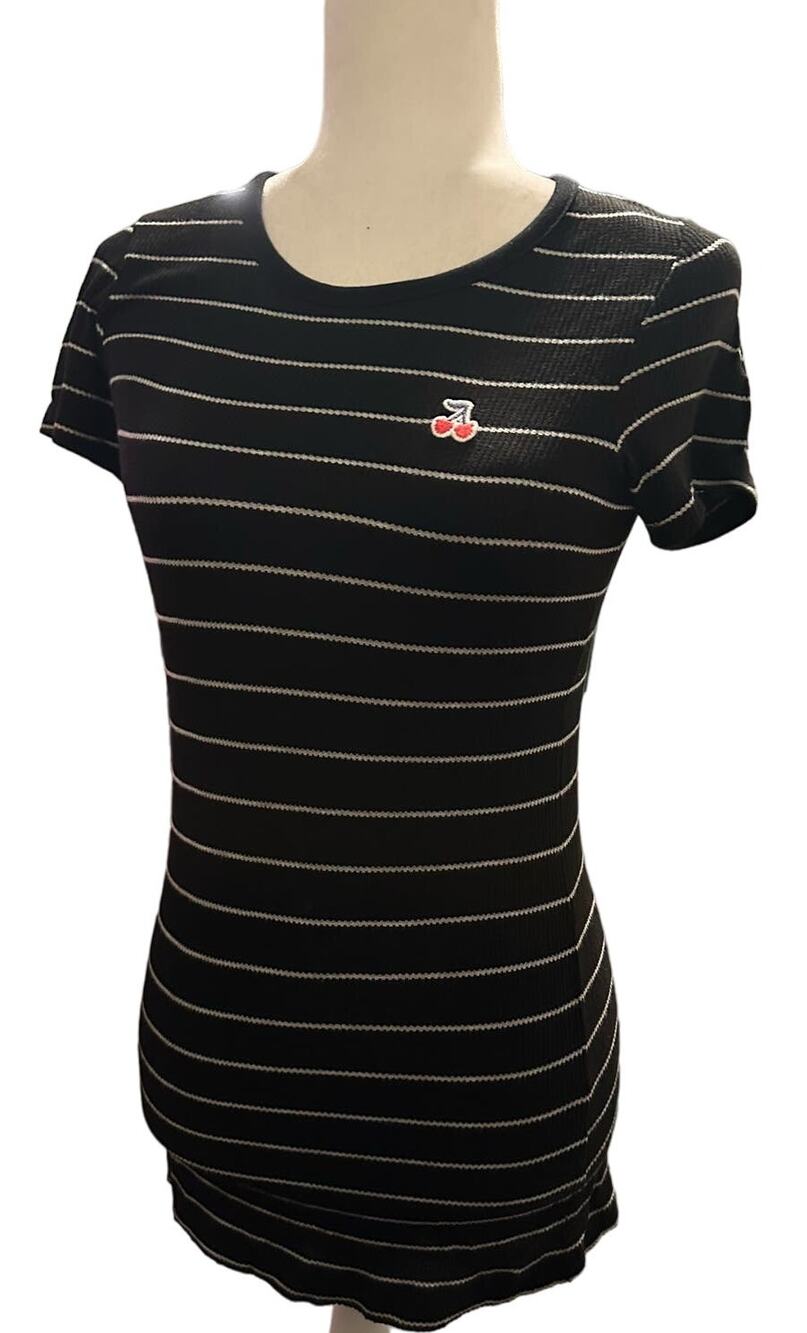 Sundry Black/Gray Stripe Waffle Knit Dress with Cherry Appliqué, Size Small NWT